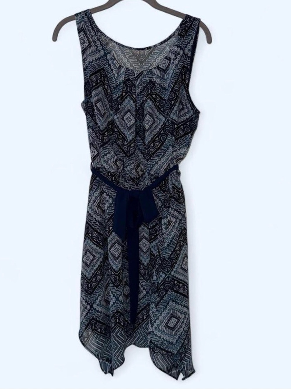 AB Studio Navy and Light Blue Patterned High-Low Dress with Tie